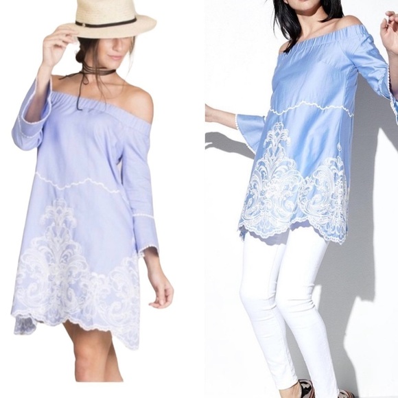 Foxiedox Blue Off Shoulder Embroidered Shift Dress NWT - Picture 2 of 15